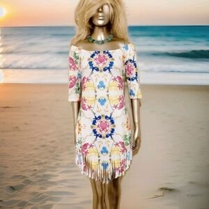 NWT Boohoo Nautical Print Fringe Hem Off The Shoulder Mini Dress Sz 8